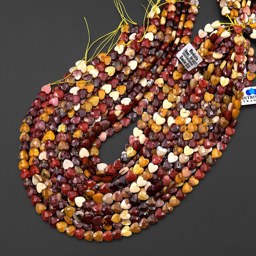 AAA Faceted Natural Australian Mookaite Jasper Carved Heart Beads 8mm Sunset Mauve Red Yellow Colors Gemstone 15.5" Strand