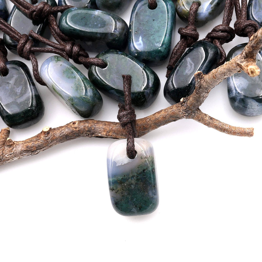 Natural Green Moss Agate Smooth Rectangle Nugget Pendant Focal Worry Stone Bead A3