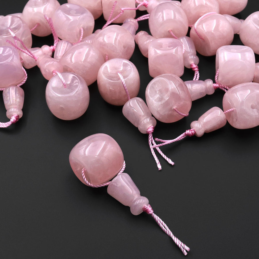 Natural Pink Rose Quartz Guru Beads 3 Holes T-Beads Set For Mala Making 18mm A1