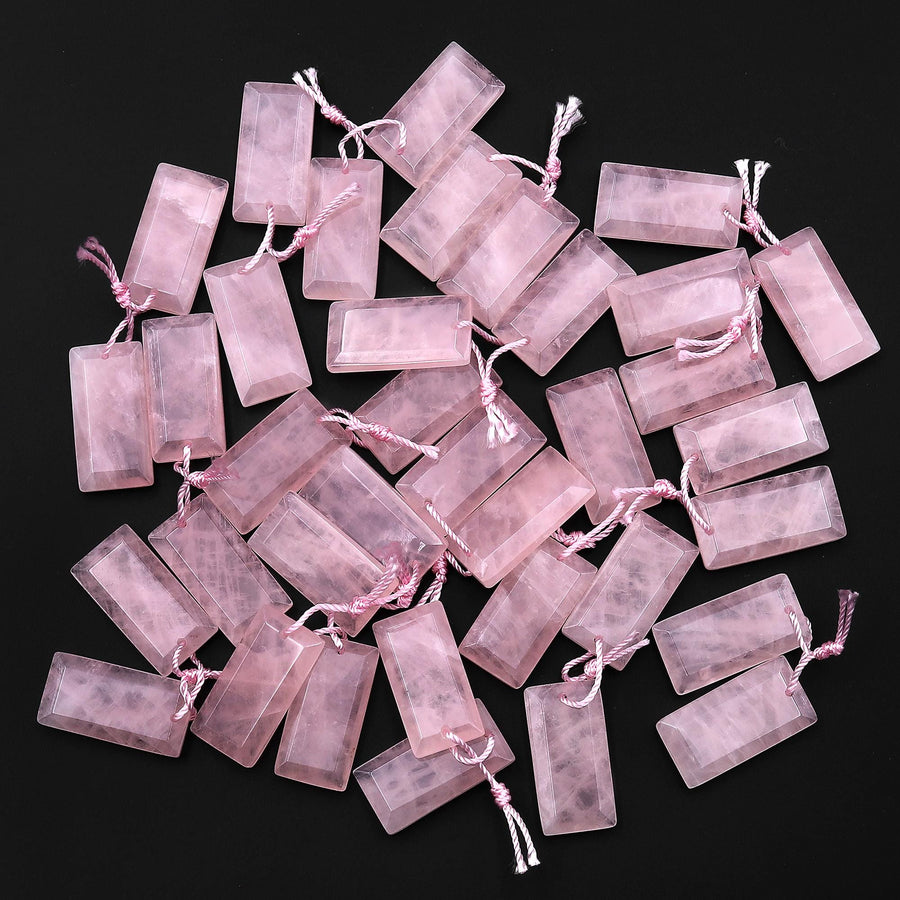 Natural Pink Rose Quartz Faceted Rectangle Title Earring Pair Drilled Gemstone Matched Beads