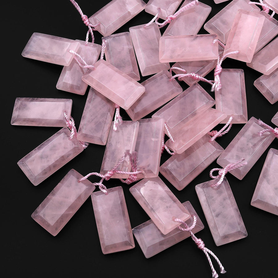 Natural Pink Rose Quartz Faceted Rectangle Title Earring Pair Drilled Gemstone Matched Beads