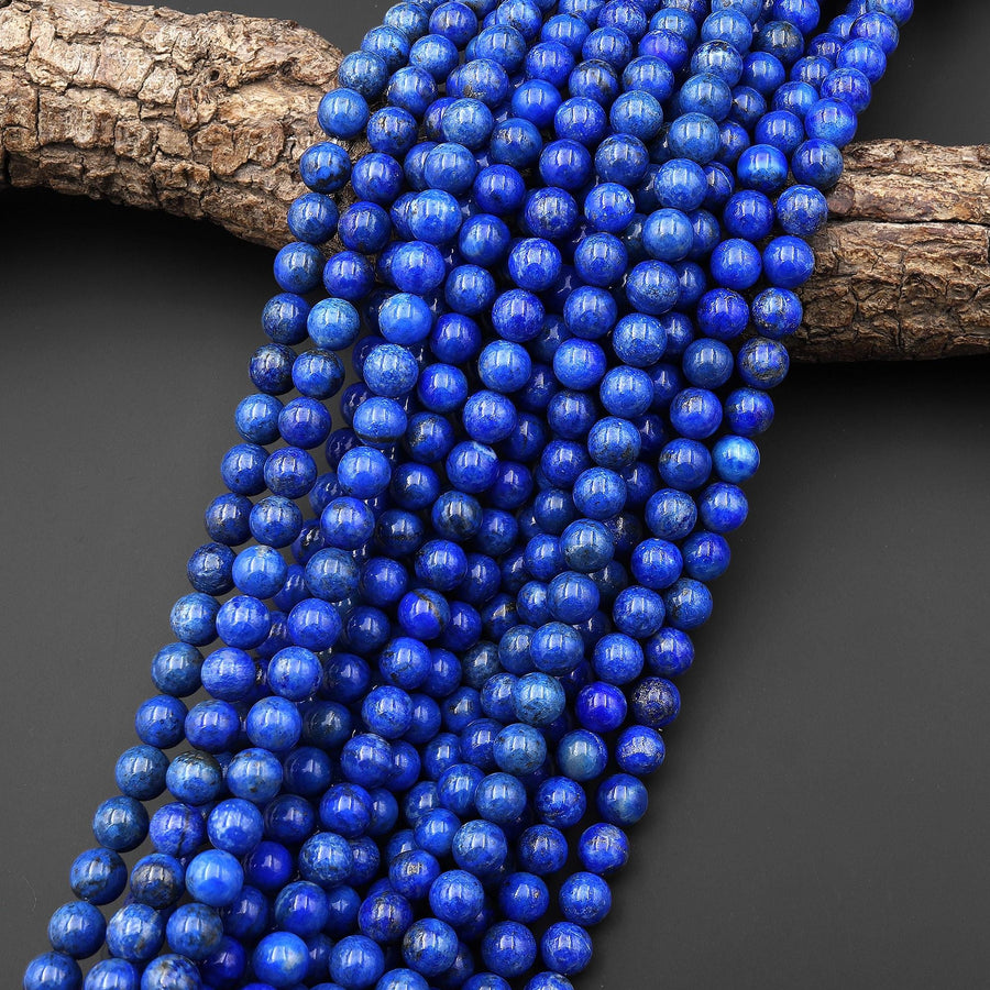 AAA Natural Denim Blue Lapis 8mm Round Beads With Pyrite Matrix 15.5" Strand