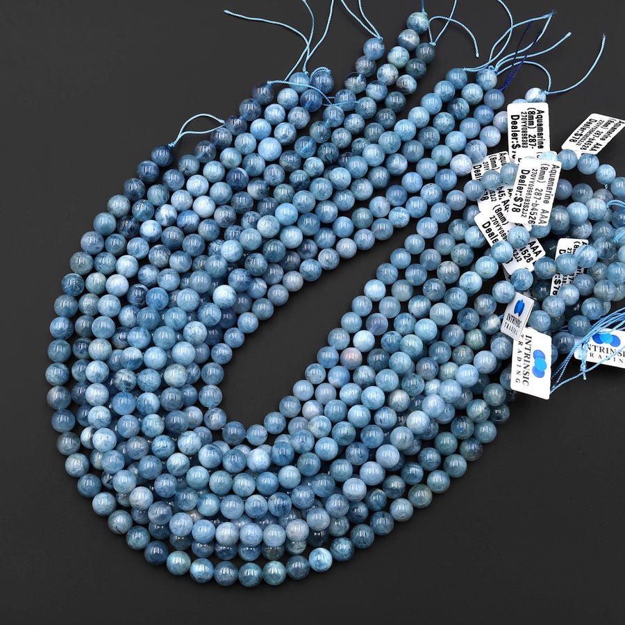 AAA Natural Blue Aquamarine 8mm 10mm Smooth Round Beads Real Genuine Gemstone Birthstone 15.5" Strand