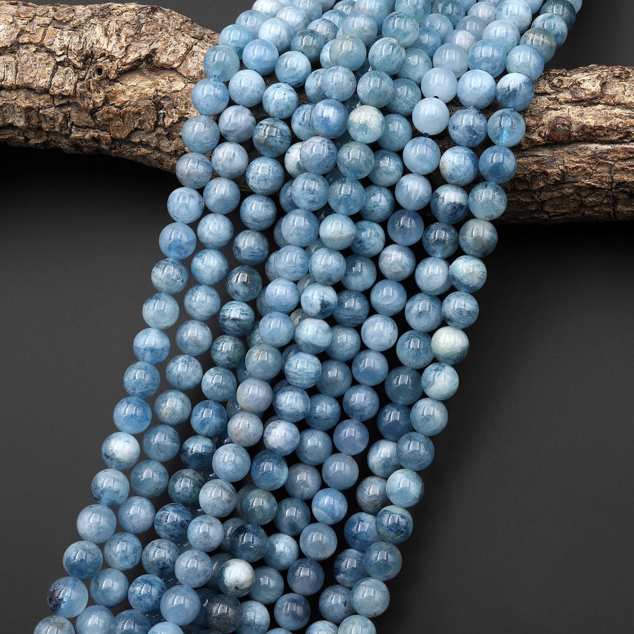 AAA Natural Blue Aquamarine 8mm 10mm Smooth Round Beads Real Genuine Gemstone Birthstone 15.5" Strand