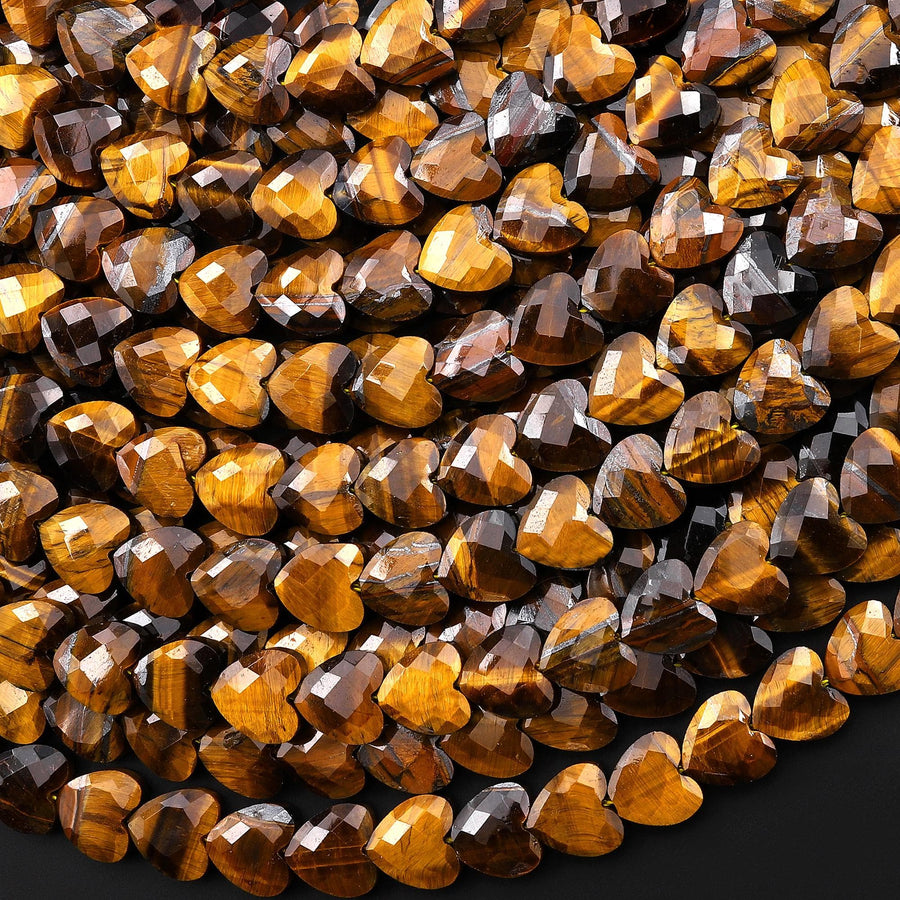 AAA Faceted Natural Tiger's Eye Carved Heart Beads 8mm Gemstone 15.5" Strand