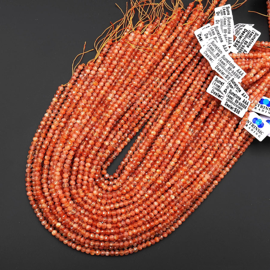 AAA Faceted Natural Fiery Orange Sunstone Lantern Rondelle Beads 4mm Gemstone 15.5" Strand