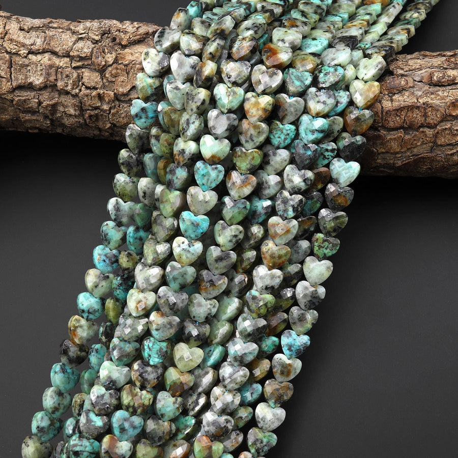 AAA Faceted Natural African Turquoise Carved Heart Beads 8mm Gemstone 15.5" Strand