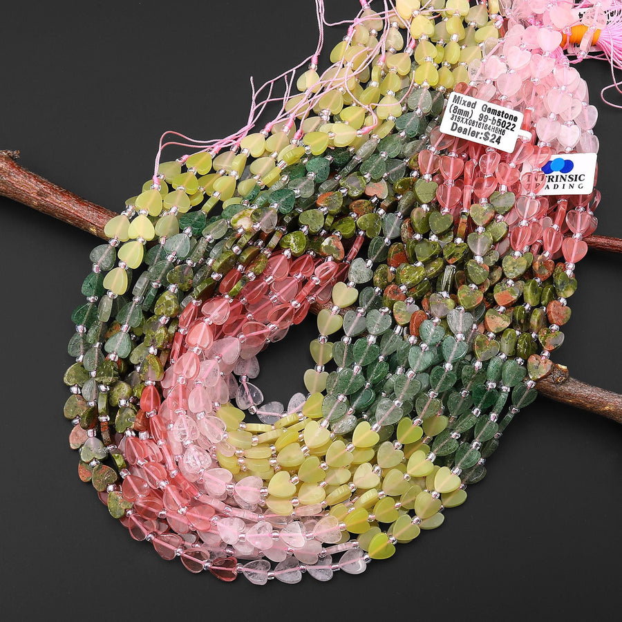 Natural Multicolor Gemstone Heart 8mm Beads Rose Quartz Unakite Green Chalcedony Lemon Jade Cherry Quartz 15.5" Strand