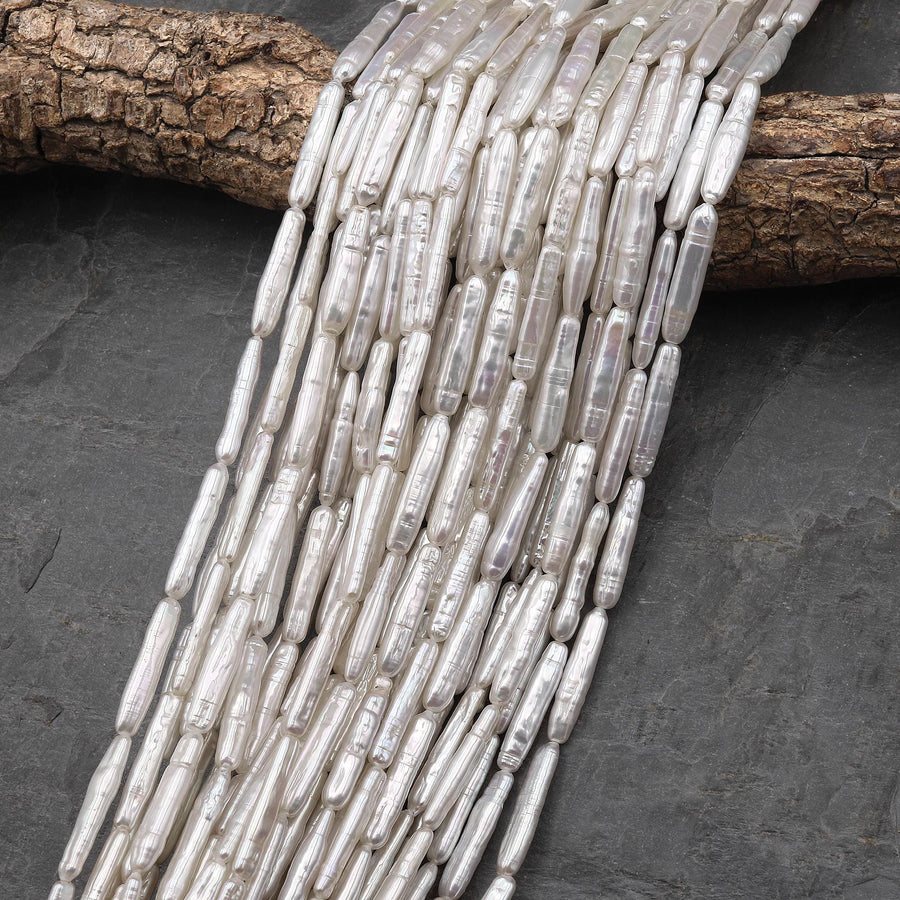 AAA Silky Smooth Natural White Biwa Thin Long Stick Pearl Freshwater 15.5" Strand