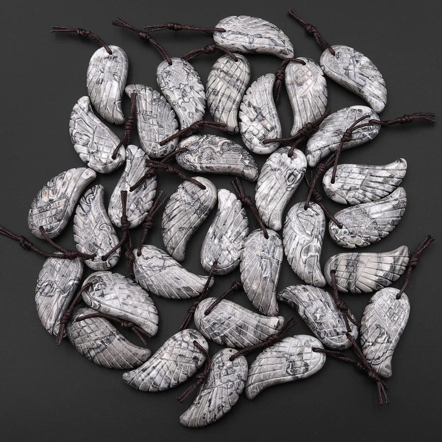 AAA Hand Carved Natural Grey Map Jasper Angel Wing Pendant Bead Drilled Gemstone