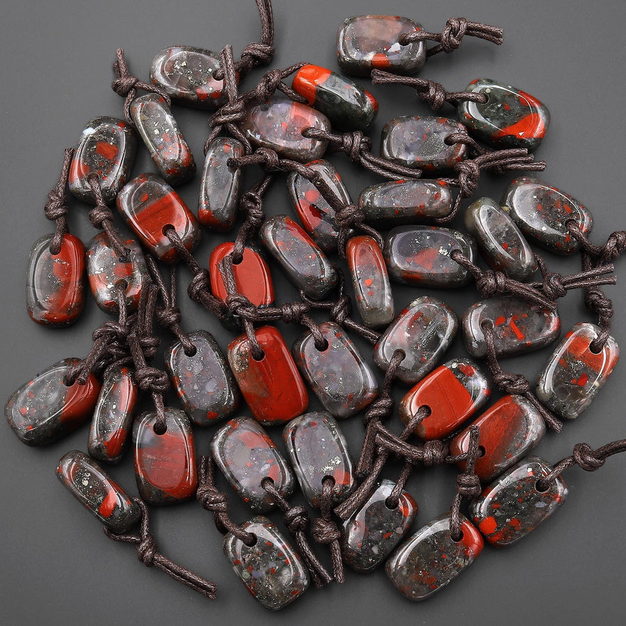 Natural African Bloodstone Smooth Rectangle Nugget Pendant Focal Worry Stone Bead