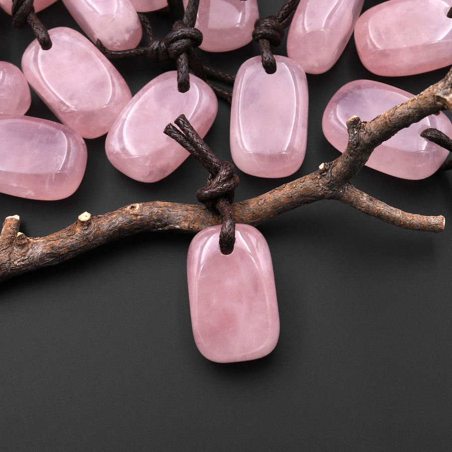 Natural Pink Rose Quartz Smooth Rectangle Nugget Pendant Focal Worry Stone Bead