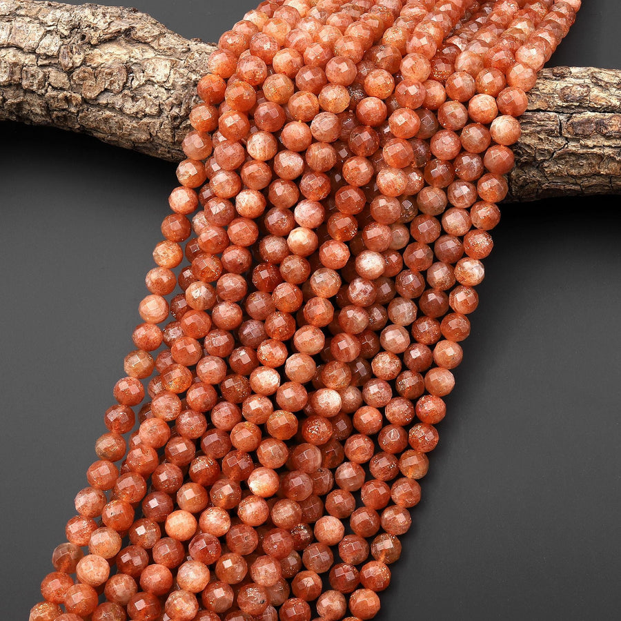 AAA Faceted Natural Fiery Orange Sunstone Round Beads 8mm Gemstone 15.5" Strand