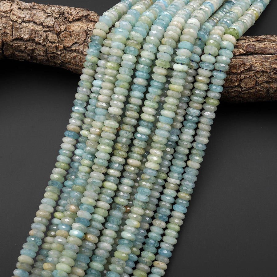 AAA Faceted Natural Aqua Sea Blue Green Aquamarine 8mm Thin Rondelle Beads 15.5" Strand