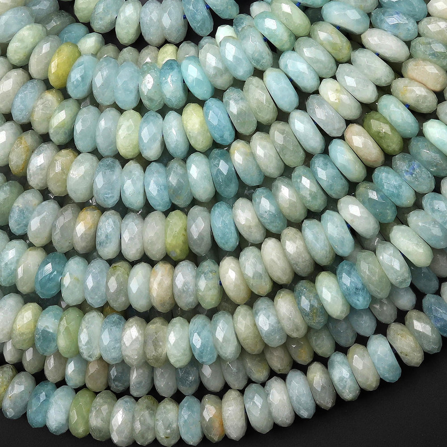 AAA Faceted Natural Aqua Sea Blue Green Aquamarine 8mm Thin Rondelle Beads 15.5" Strand