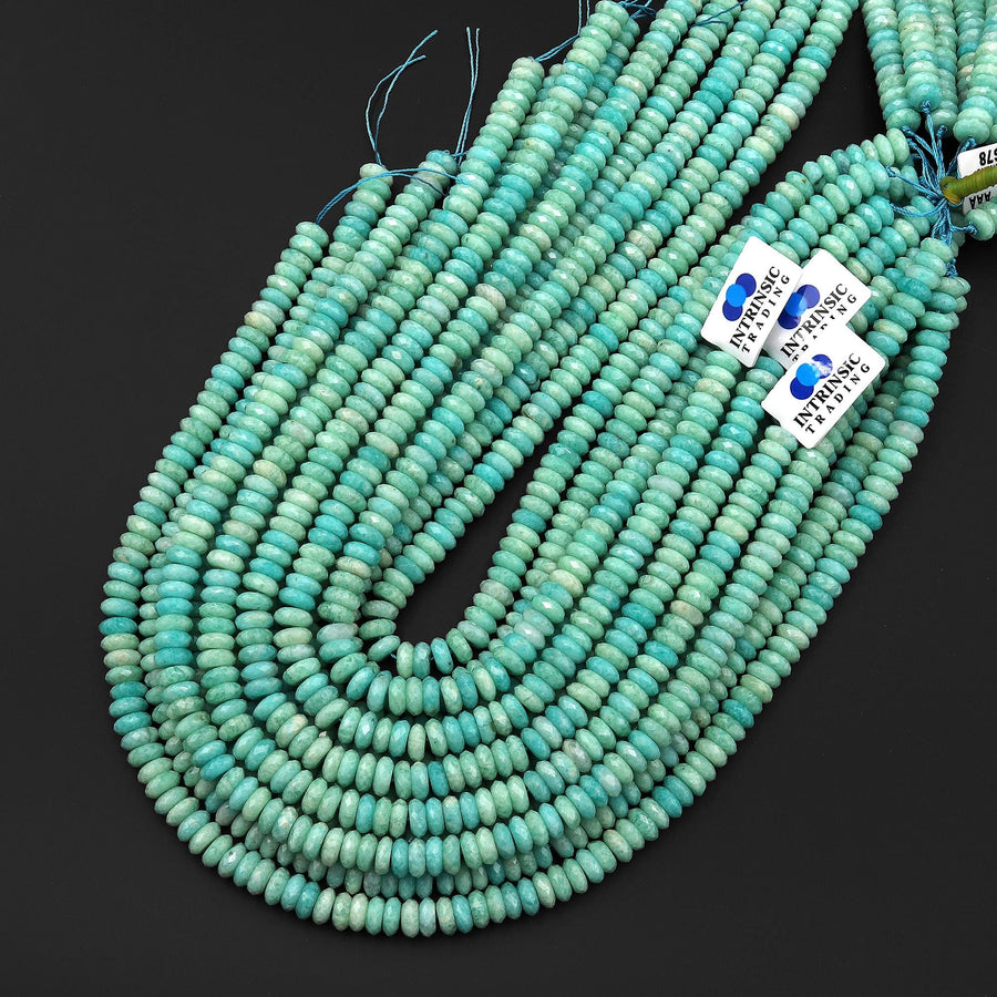 AAA Faceted Natural Aqua Sea Blue Green Peruvian Amazonite 8mm Thin Rondelle Beads 15.5" Strand