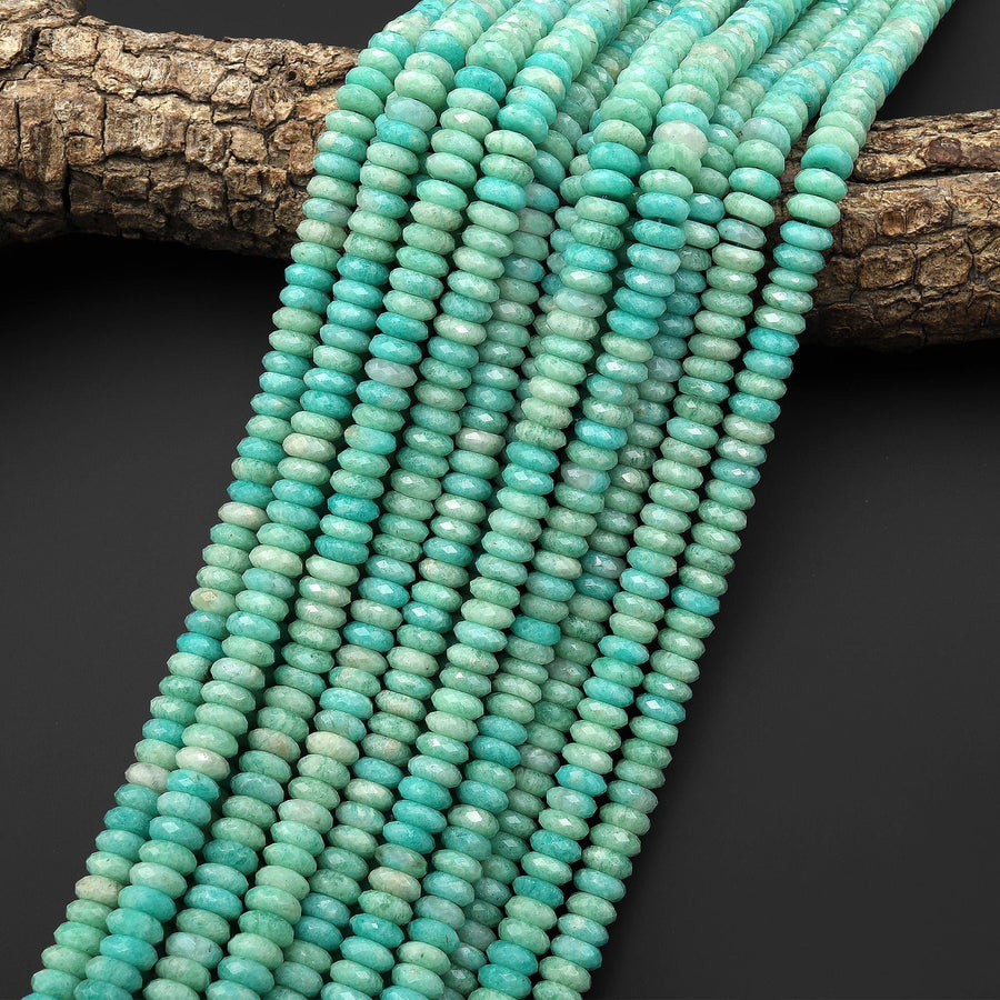 AAA Faceted Natural Aqua Sea Blue Green Peruvian Amazonite 8mm Thin Rondelle Beads 15.5" Strand