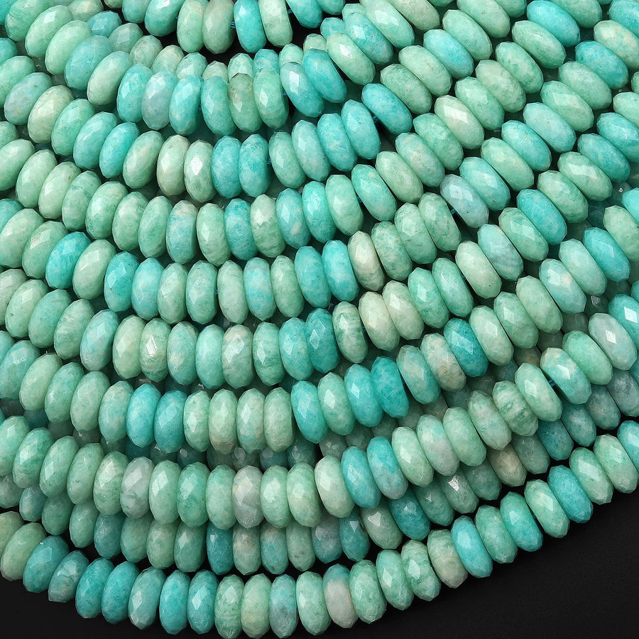 AAA Faceted Natural Aqua Sea Blue Green Peruvian Amazonite 8mm Thin Rondelle Beads 15.5" Strand