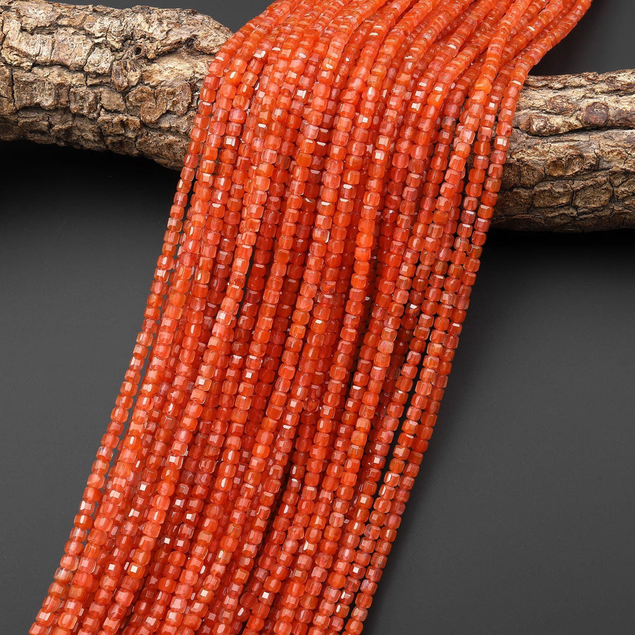 AAA Gemmy Translucent Faceted Natural Fiery Orange Moroccan Orange Red Agate 3mm Cube Beads Gemstone 15.5" Strand
