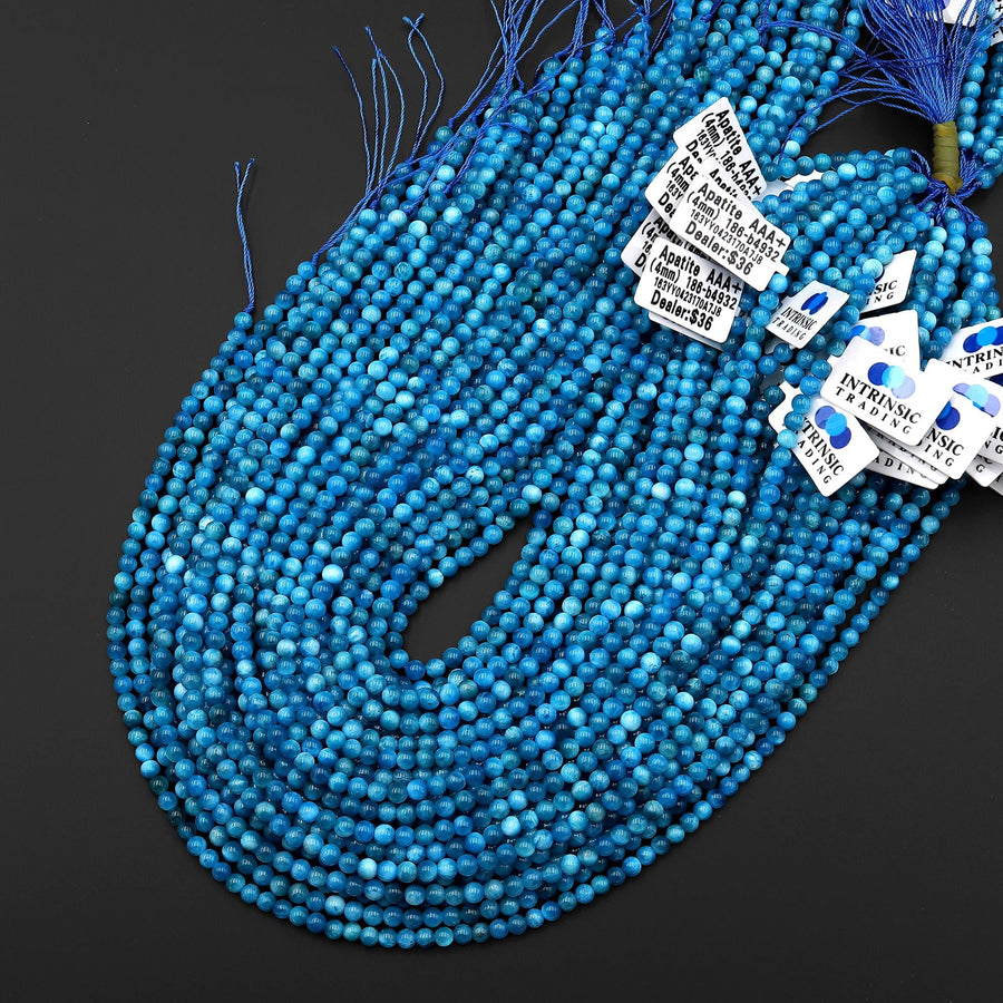 AAA+ Natural Heavenly Blue Apatite 4mm Smooth Round Beads 15.5" Strand