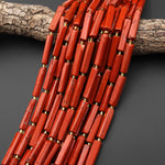Natural Red Jasper Thin Long Hand Faceted Rectangle Tube Beads 15.5" Strand