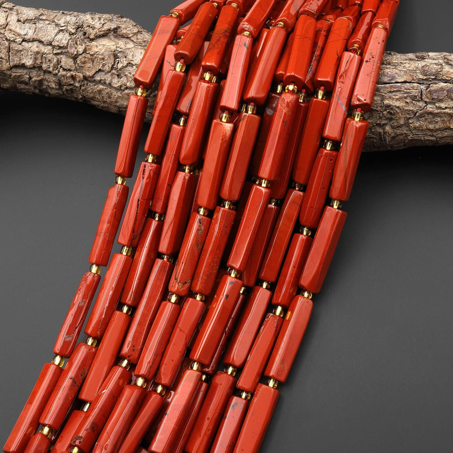 Natural Red Jasper Thin Long Hand Faceted Rectangle Tube Beads 15.5" Strand