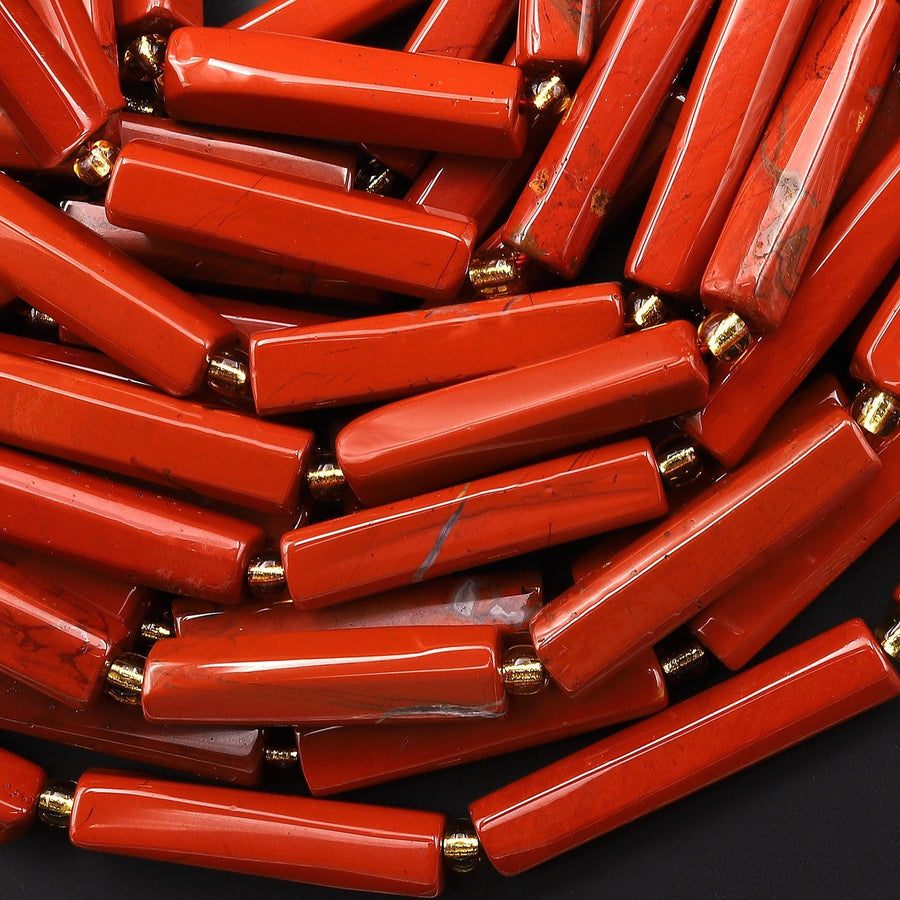 Natural Red Jasper Thin Long Hand Faceted Rectangle Tube Beads 15.5" Strand