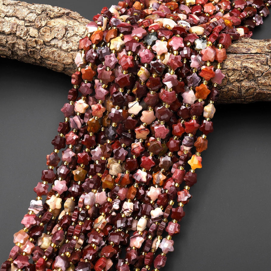 Faceted Natural Australian Mookaite Beads 8mm Carved Star Gemstone 14.5" Strand