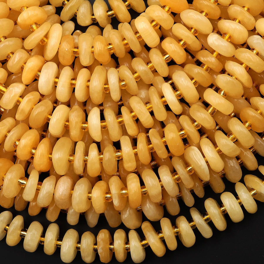 Natural Honey Yellow Calcite Beads 10mm 12mm Freeform Center Drilled Rondelle Disc Organic Cut Gemstone 15.5" Strand