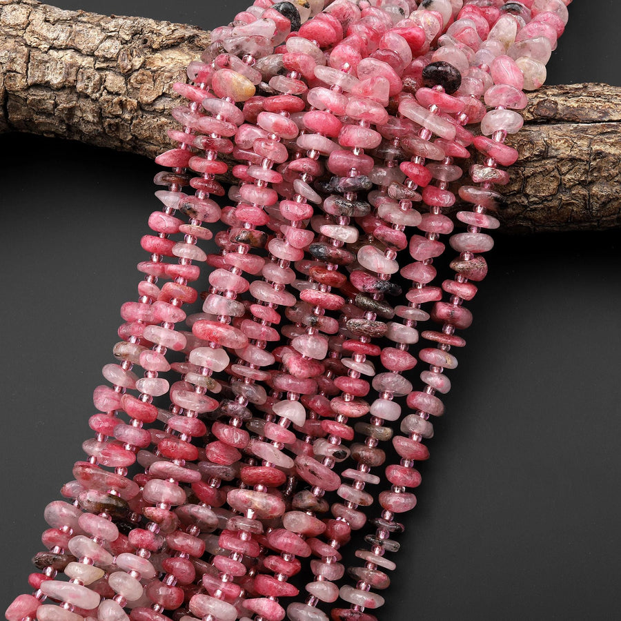 Natural Rhodonite in Quartz Freeform Center Drilled 8mm 12mm Rondelle Disc Beads 15.5" Strand