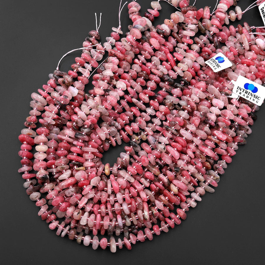 Natural Rhodonite in Quartz Freeform Center Drilled 8mm 12mm Rondelle Disc Beads 15.5" Strand