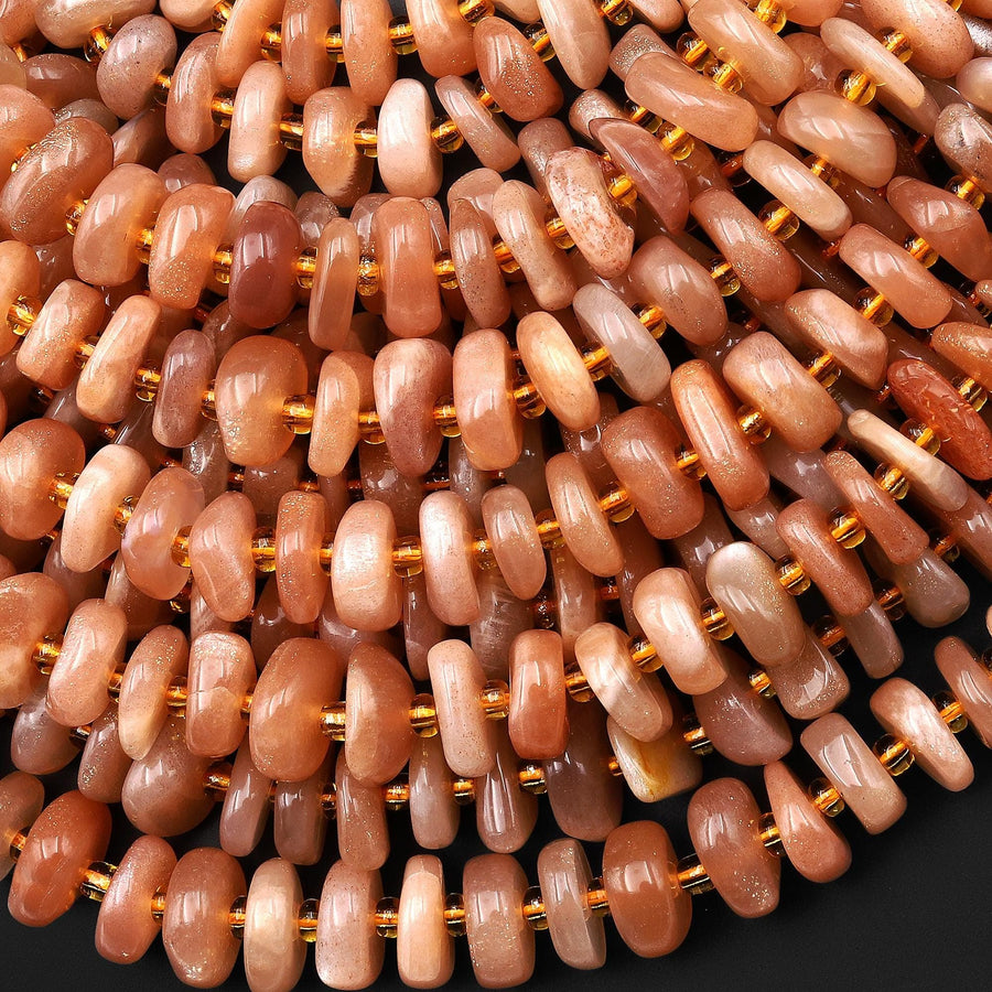 Natural Peach Moonstone Freeform Center Drilled 10mm Rondelle Disc Beads 15.5" Strand