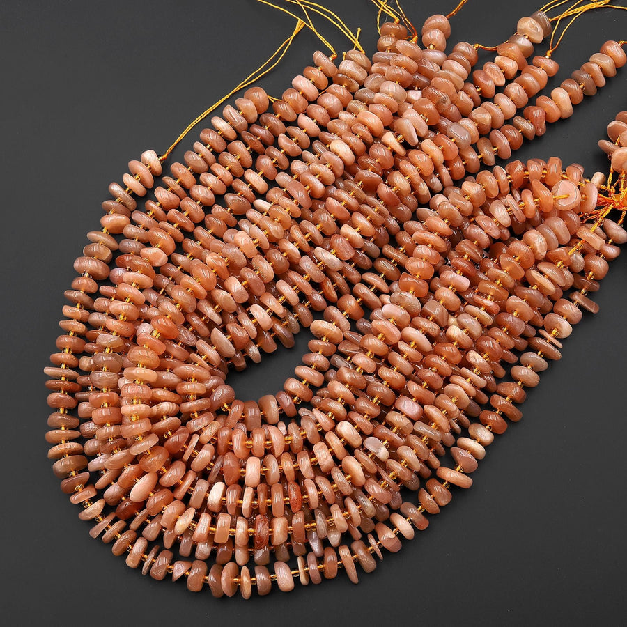 Natural Peach Moonstone Freeform Center Drilled 10mm Rondelle Disc Beads 15.5" Strand