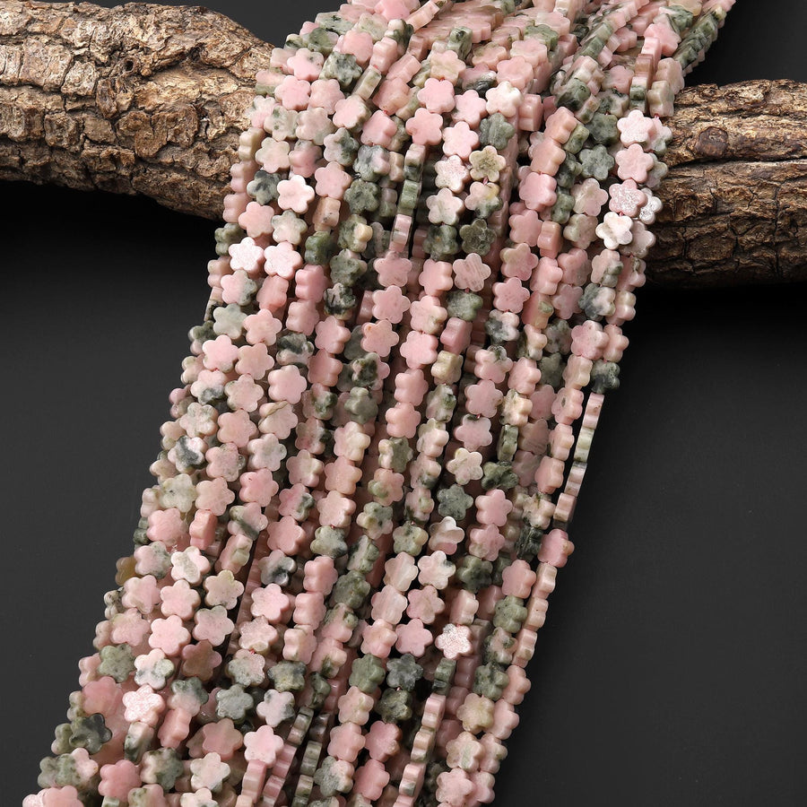 Natural Pink Nevada Lapis Cherry Blossom Flower Beads 6mm Carved Gemstone 15.5" Strand