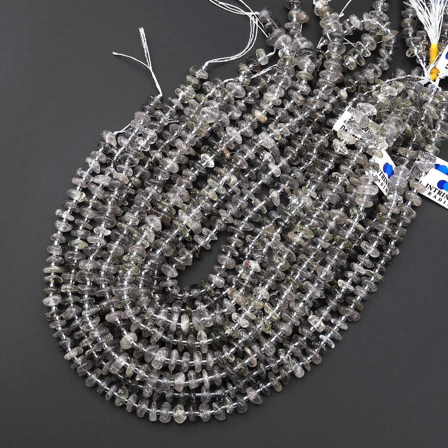 Natural Black Mica Quartz Freeform Rondelle Disc Beads Center Drilled Gemstone 15.5" Strand