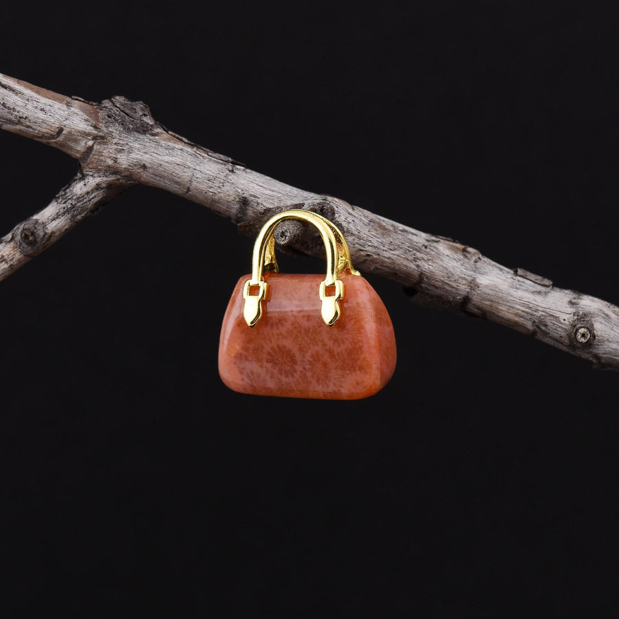 Hand Carved Natural Indonesian Fossil Coral Focal Pendant Bead Purse Miniature Handbag Style OP0600