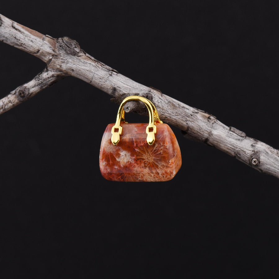 Hand Carved Natural Indonesian Fossil Coral Focal Pendant Bead Purse Miniature Handbag Style OP0601