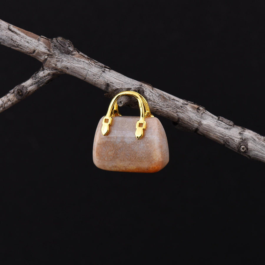 Hand Carved Natural Indonesian Fossil Coral Focal Pendant Bead Purse Miniature Handbag Style OP0602