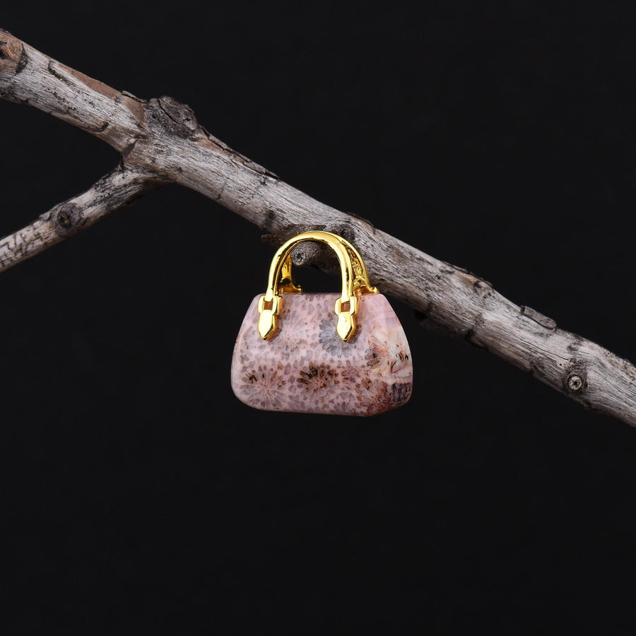 Hand Carved Natural Indonesian Fossil Coral Focal Pendant Bead Purse Miniature Handbag Style OP0608
