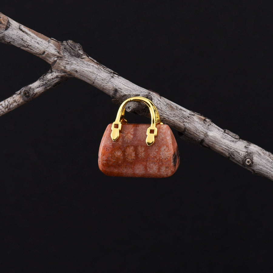Hand Carved Natural Indonesian Fossil Coral Focal Pendant Bead Purse Miniature Handbag Style OP0610
