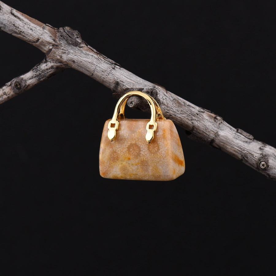 Hand Carved Natural Indonesian Fossil Coral Focal Pendant Bead Purse Miniature Handbag Style OP0611