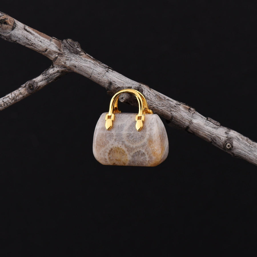Hand Carved Natural Indonesian Fossil Coral Focal Pendant Bead Purse Miniature Handbag Style OP0617