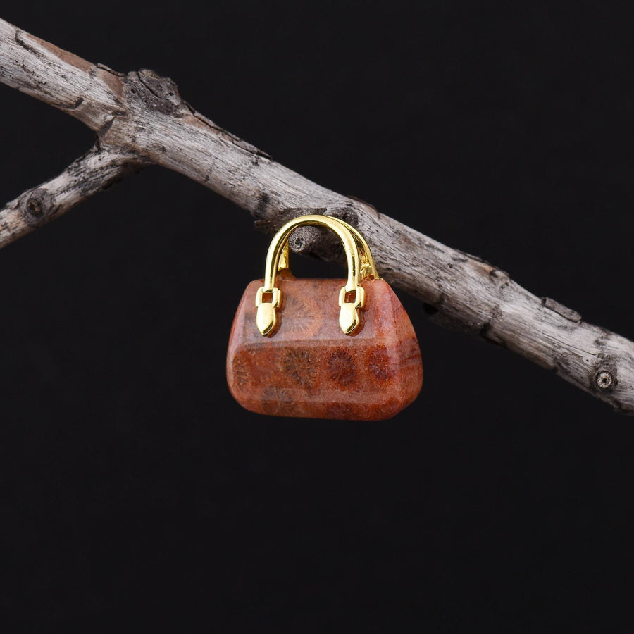 Hand Carved Natural Indonesian Fossil Coral Focal Pendant Bead Purse Miniature Handbag Style OP0618