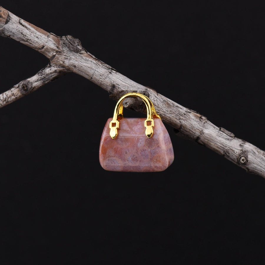 Hand Carved Natural Indonesian Fossil Coral Focal Pendant Bead Purse Miniature Handbag Style OP0620