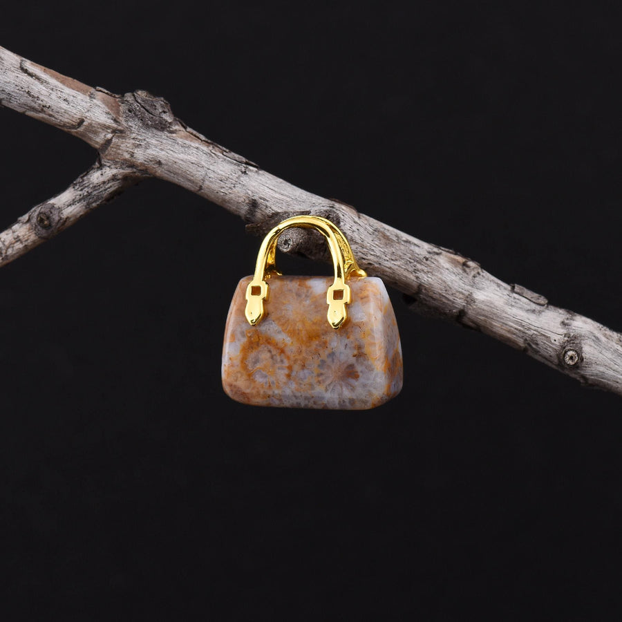 Hand Carved Natural Indonesian Fossil Coral Focal Pendant Bead Purse Miniature Handbag Style OP0621