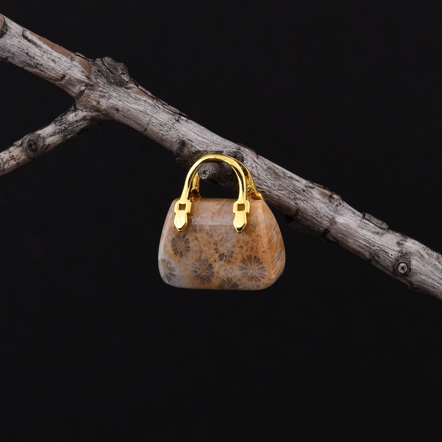 Hand Carved Natural Indonesian Fossil Coral Focal Pendant Bead Purse Miniature Handbag Style OP0622