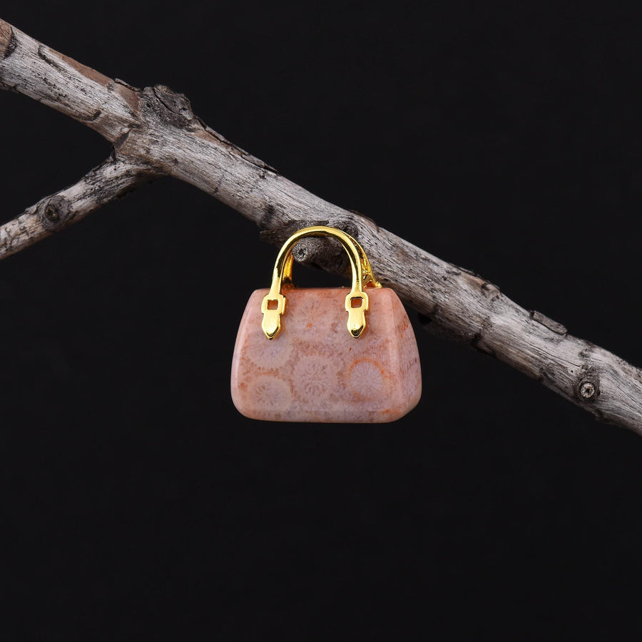 Hand Carved Natural Indonesian Fossil Coral Focal Pendant Bead Purse Miniature Handbag Style OP0623