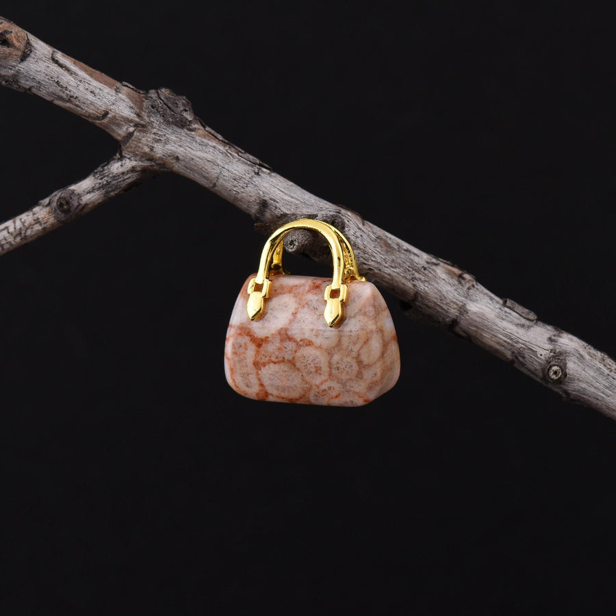 Hand Carved Natural Indonesian Fossil Coral Focal Pendant Bead Purse Miniature Handbag Style OP0626
