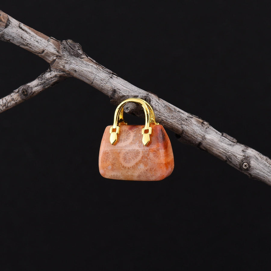 Hand Carved Natural Indonesian Fossil Coral Focal Pendant Bead Purse Miniature Handbag Style OP0627