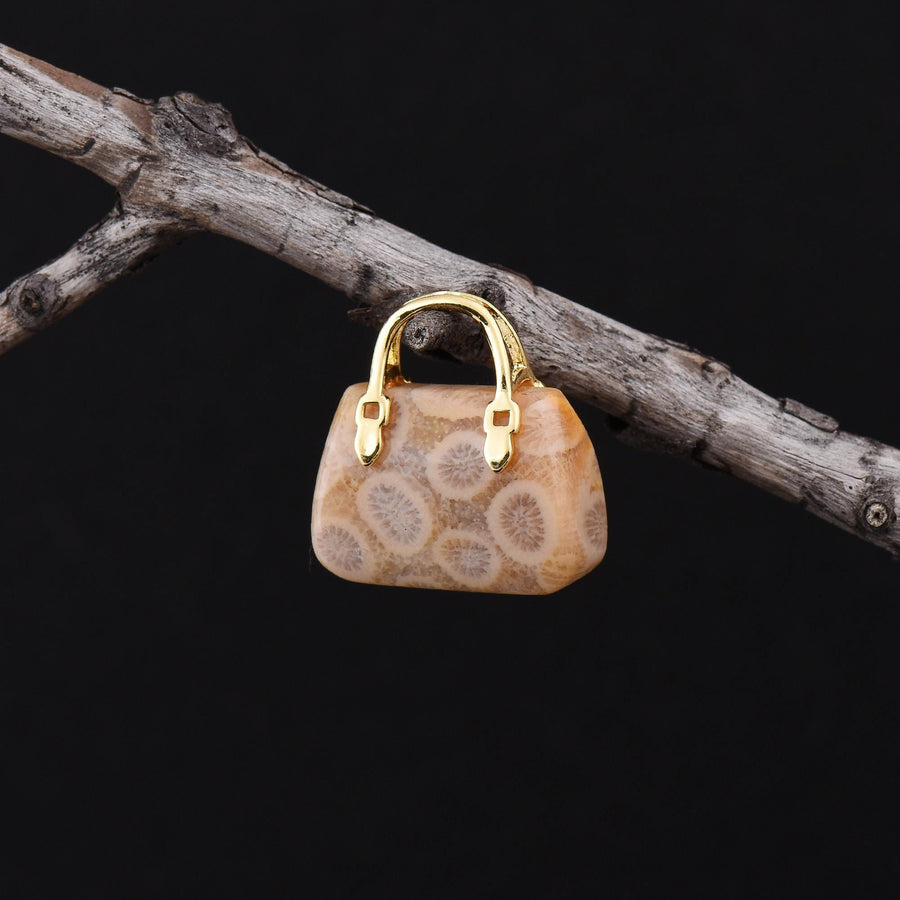 Hand Carved Natural Indonesian Fossil Coral Focal Pendant Bead Purse Miniature Handbag Style OP0628